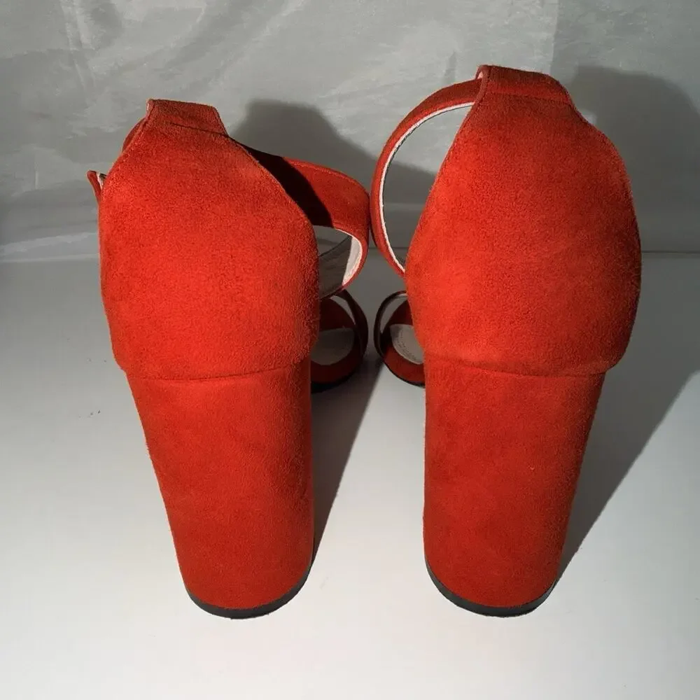 Maje Faria Red Suede Block Heel Sandals 37 US 6.5 Crystal Buckle Portugal JB2